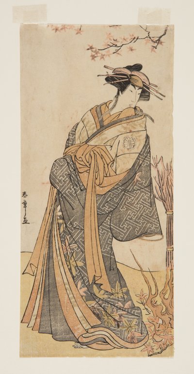 Schauspieler Segawa Tomisaburo II als hohe Kurtisane in einem Raum stehend von Katsukawa Shunsho