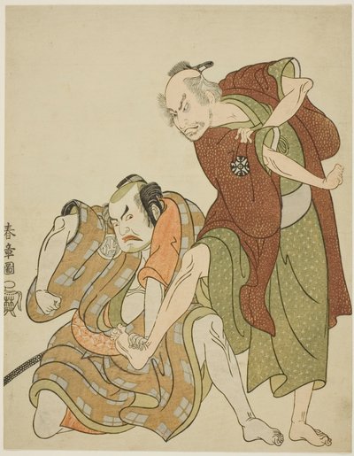 Schauspieler in den Rollen von Giheiji und seinem Schwiegersohn, Danshichi Kurobei von Katsukawa Shunsho