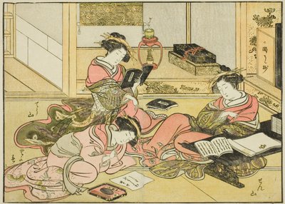 Kurtisanen des Chojiya, aus dem Buch "Spiegel der schönen Frauen der Vergnügungsviertel (Seiro bijin awase sugata kagami)," Bd. 1 von Katsukawa Shunsho