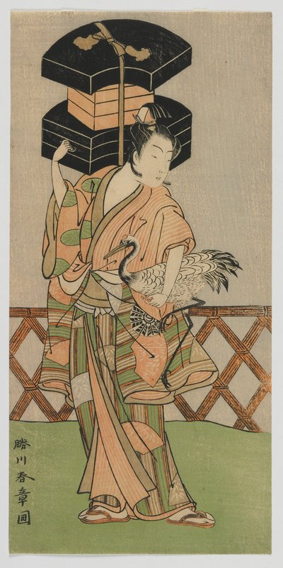 Kabuki-Schauspieler Nakamura Noshio als Fächerverkäufer, Edo-Periode, Mitte der 1770er Jahre von Katsukawa Shunsho