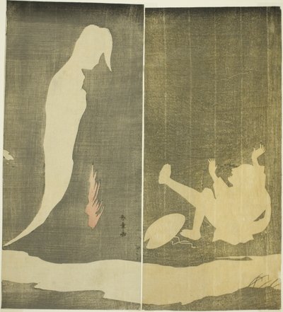 Mann fällt rückwärts, erschrocken von einem Frauengeist über einem Fluss von Katsukawa Shunsho