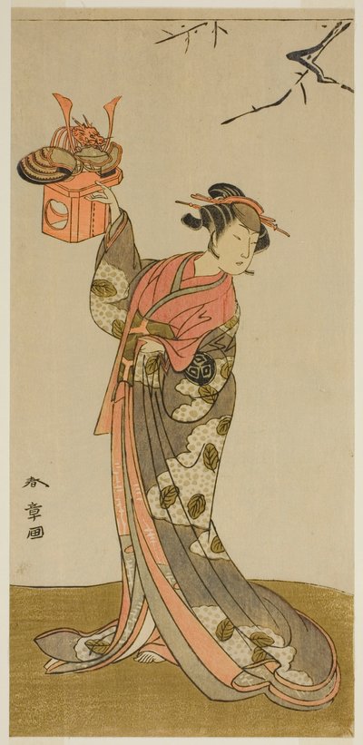 Der Schauspieler Arashi Hinaji I als Hananoi im Stück Gosho-zakura Horikawa Youchi, aufgeführt im Ichimura-Theater im vierten Monat, 1773 von Katsukawa Shunsho
