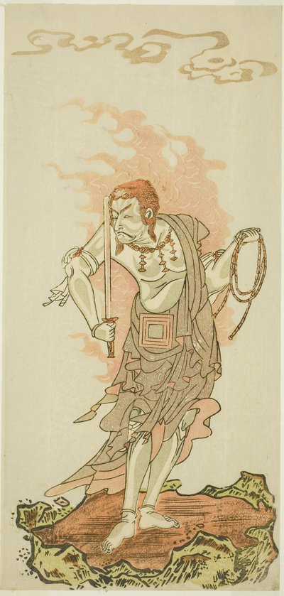 Der Schauspieler Ichikawa Danjuro V als buddhistische Gottheit Fudo in der Schlussszene aus dem ersten Teil des Stücks Fuki Kaete Tsuki mo Yoshiwara (Reedach: Der Mond scheint auch über dem Vergnügungsviertel Yoshiwara), aufgeführt im Morita-Theater ab dem von Katsukawa Shunsho