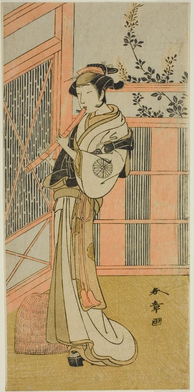 Der Schauspieler Nakamura Noshio I als Misao verkleidet als Komuso im Stück Kosode-gura no Tekubari, aufgeführt im Morita-Theater im zweiten Monat, 1772 (?) von Katsukawa Shunsho