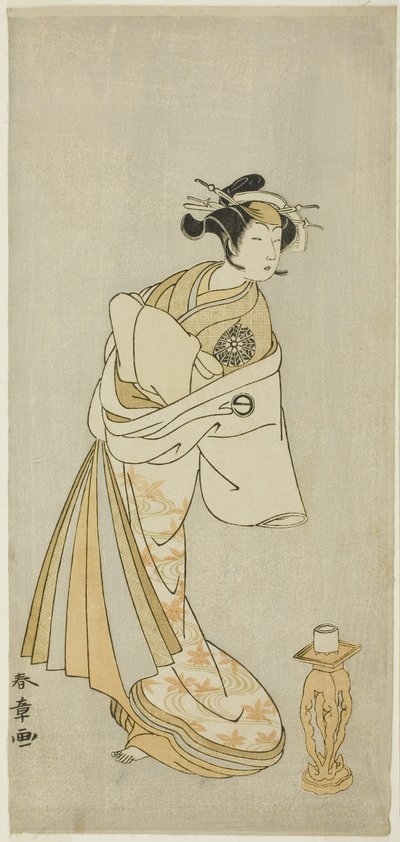 Der Schauspieler Nakamura Noshio I als Geist der Kurtisane Takao, in der Shosagoto-Tanzsequenz "Sono Utsushi-e Matsu ni Kaede" (Ein Schattenspiel von Kiefer und Ahorn), die letzte Szene des zweiten Teils des Stücks Keisei Momiji no Uchikake (Kurtisane in e von Katsukawa Shunsho