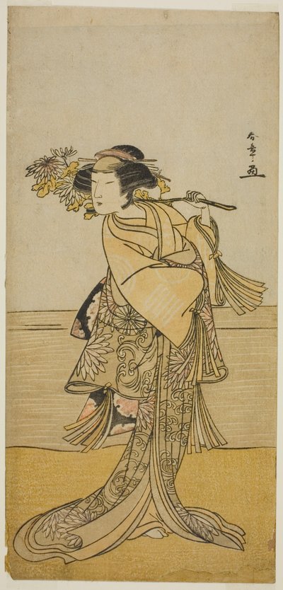 Der Schauspieler Nakamura Tomijuro I als weiblicher Fuchs vom Berg Ubagadake im Stück Chigo Torii Tobiiri Kitsune, aufgeführt im Ichimura Theater im elften Monat, 1777 von Katsukawa Shunsho