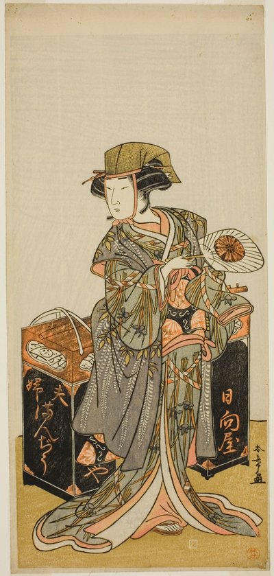 Der Schauspieler Nakamura Tomijuro I als weibliche Bohnenkuchenhändlerin Hyugaya im Stück Chigo Torii Tobiiri Kitsune, aufgeführt im Ichimura-Theater im elften Monat, 1777 von Katsukawa Shunsho