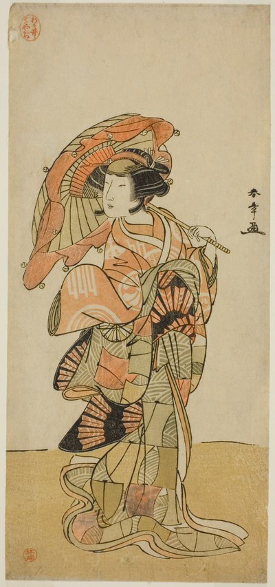 Der Schauspieler Nakamura Tomijuro I als weiblicher Fuchs vom Berg Ubagadake im Stück "Chigo Torii Tobiiri Kitsune," aufgeführt im Ichimura-Theater im elften Monat, 1777 von Katsukawa Shunsho