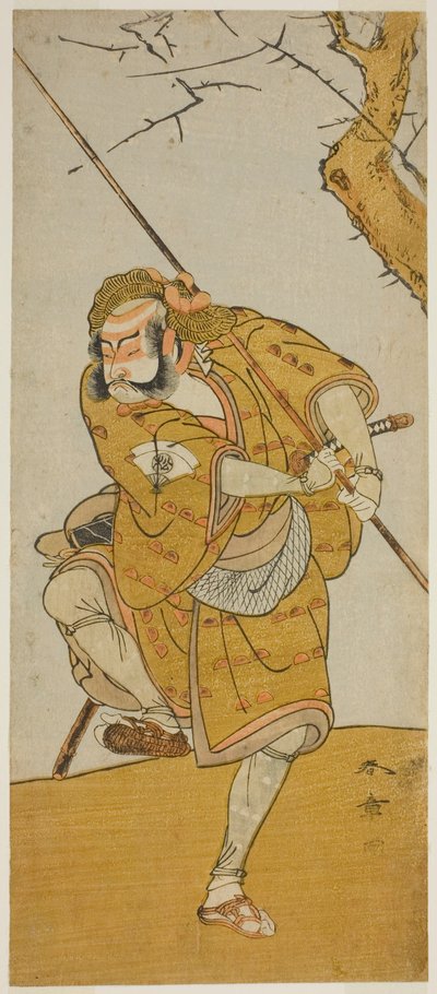 Der Schauspieler Onoe Matsusuke I als Kobayashi no Asahina verkleidet als Vogelfänger im Stück Edo no Haru Meisho Soga, aufgeführt im Ichimura-Theater im dritten Monat, 1773 von Katsukawa Shunsho