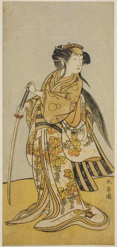 Der Schauspieler Onoe Tamizo I als Kureha (?) im Stück Shusse Taiheiki (?), aufgeführt im Nakamura Theater (?) im achten Monat, 1775 (?) von Katsukawa Shunsho