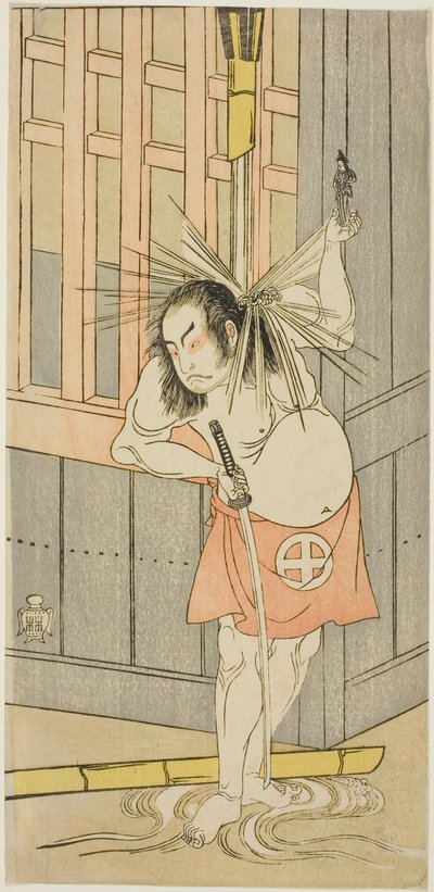 Der Schauspieler Otani Hiroji III, möglicherweise als Akaneya Hanshichi im Stück Fuji no Yuki Kaikei Soga, aufgeführt im Ichimura-Theater ab dem fünfzehnten Tag des ersten Monats, 1770 von Katsukawa Shunsho