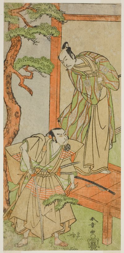 Die Schauspieler Ichikawa Danjuro V als Momonoi Wakasanosuke (rechts) und Nakamura Nakazo I als Kakogawa Honzo (links) im Stück Kanadehon Chushingura, aufgeführt im Nakamura-Theater im fünften Monat, 1771 von Katsukawa Shunsho