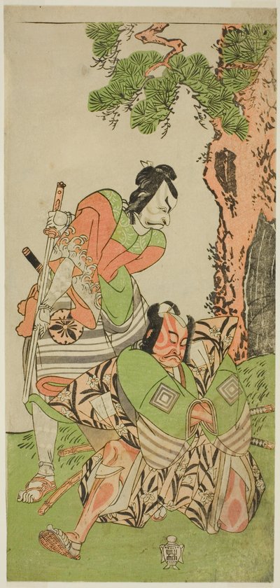 Die Schauspieler Ichikawa Danzo III als I no Hayata Tadazumi (rechts) und Matsumoto Koshiro II als Osada no Taro Kagemune verkleidet als Yatsurugi Zaemon (links), im Stück Nue no Mori Ichiyo no Mato, aufgeführt im Nakamura-Theater im elften Monat, 1770 von Katsukawa Shunsho