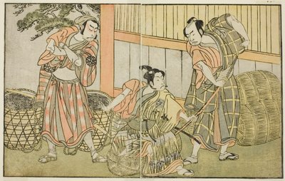 Die Schauspieler Kasaya Matakuro II als Hagun Taro (rechts), Ichikawa Monnosuke II als Izutsu no Suke Narihira (Mitte) und Nakamura Nakazo I als Kose no Kanaoka verkleidet als Sogoro der Holzkohlemacher, im Stück Kuni no Hana Ono no Itsumoji, aufgeführt im von Katsukawa Shunsho