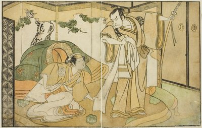 Die Schauspieler Nakamura Nakazo I als Taira no Kiyomori (rechts) und Yamashita Kinsaku II als Tokiwa Gozen (links) im Stück Nue no Mori Ichiyo no Mato, aufgeführt im Nakamura Theater im elften Monat, 1770 von Katsukawa Shunsho