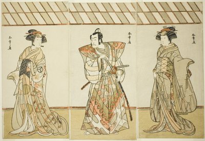 Die Schauspieler Onoe Tamizo I als Nishikigi (?) oder Otae (?) (rechts), Ichikawa Danjuro V als Miura Heidayu Kunitae (?) (Mitte), und Osagawa Tsuneyo II als Oyuki (?) (links), im Stück Date Nishiki Tsui no Yumitori (?), aufgeführt im Morita Theater (?) in von Katsukawa Shunsho