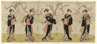 Die Schauspieler Segawa Kikunojo III als Karigane Obun, Nakayama Tomisaburo I als An no Oyasu, Iwai Kiyotaro II als Kaminari no Osha, Nakayama Tatezo I als Gokuin no Osen und Ichikawa Monnosuke II als Hotei no Oichi (von rechts nach links), in "Gonin Onna, von Katsukawa Shunsho