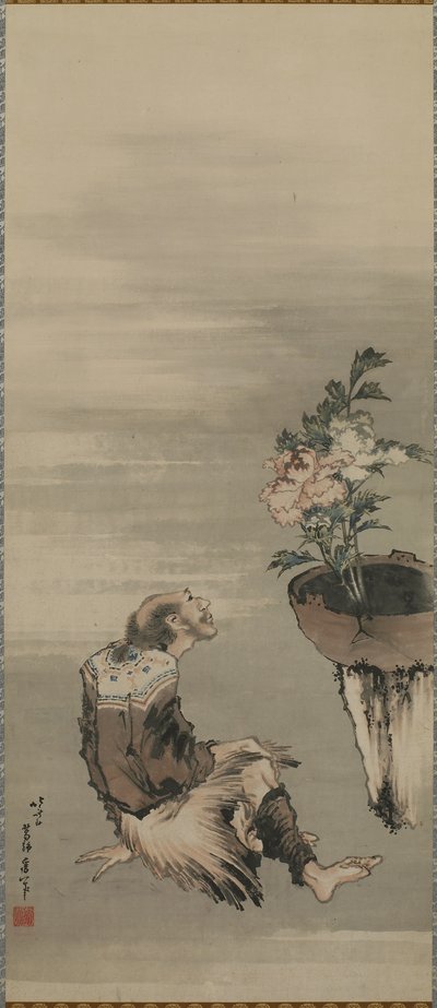 Ein sitzender Mann betrachtet Pfingstrosen im Topf, Edo-Periode von Katsushika Hokusai