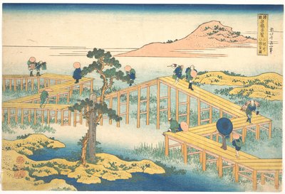 Alte Ansicht von Yatsuhashi in der Provinz Mikawa, aus der Serie Bemerkenswerte Ansichten von Brücken in verschiedenen Provinzen von Katsushika Hokusai