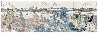 Buchillustrationen von Landschaftsszenen aus dem Ehon Sumidagawa Ryogan Ichiran von Katsushika Hokusai