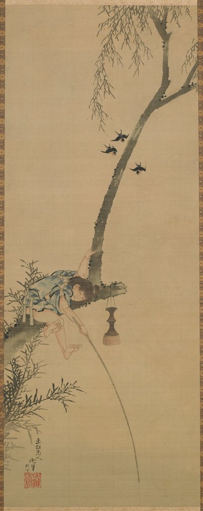 Junge, der von einem Ast eines Baumes fischt, Edo-Periode, 1839 von Katsushika Hokusai