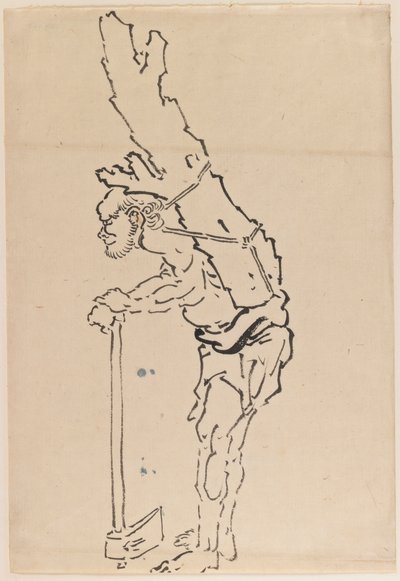 Zeichnung eines Mannes, der sich auf eine Axt stützt und einen Teil eines Baumstamms auf dem Rücken trägt von Katsushika Hokusai