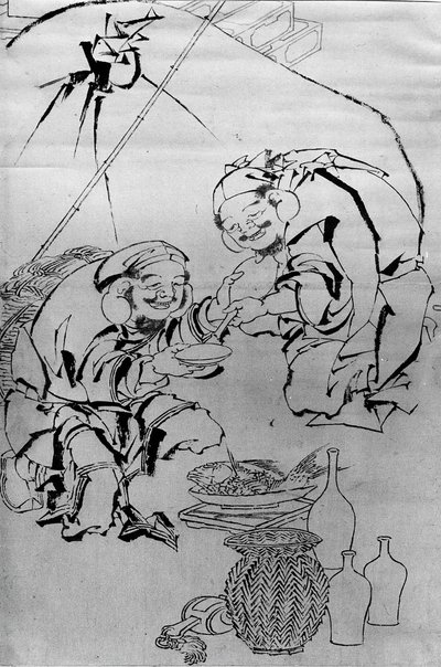 Ebisu und Daikoku feiern das Neujahrsfest, 18.-19. Jahrhundert von Katsushika Hokusai