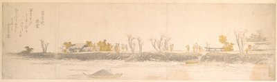 Spaziergänger auf einer Landzunge; Wasser und Boote im Vordergrund von Katsushika Hokusai