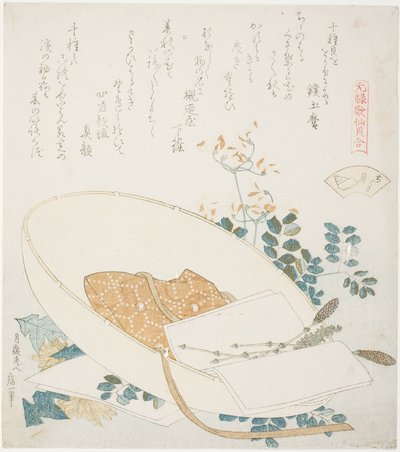 Frisch gepflückte Blumen in einem Reisendenhut, Illustration für Die Tausend-Gräser-Muschel (Chigusagai), aus der Serie "Ein Zuordnungsspiel mit Gedichtmuscheln aus der Genroku-Zeit (Genroku kasen kai awase)" von Katsushika Hokusai