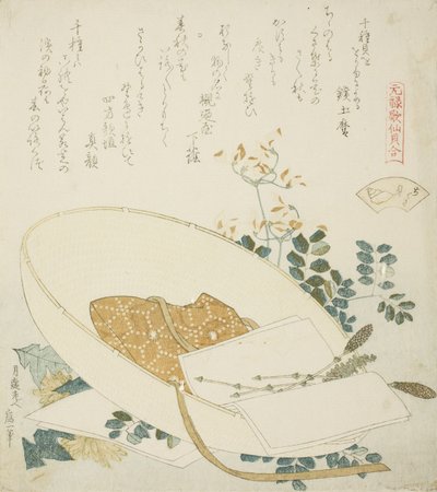 Frisch gepflückte Blumen in einem Reisendenhut, Illustration für Die Tausend-Gräser-Muschel von Katsushika Hokusai