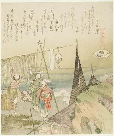 Abalone zum Trocknen aufhängen, Illustration für Abalone, aus der Serie "Ein Zuordnungsspiel mit Gedichtmuscheln aus der Genroku-Zeit" von Katsushika Hokusai