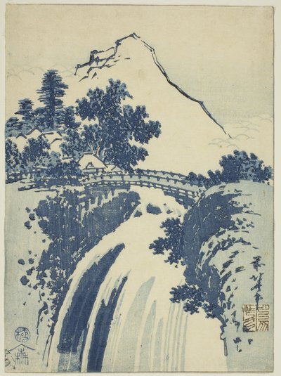 Landschaft mit Wasserfall, aus einer unbetitelten Serie von Chuban-Drucken von Katsushika Hokusai