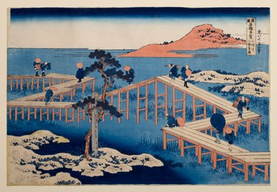 Alte Ansicht der Acht-Teil-Brücke bei Yatsuhashi in der Provinz Mikawa, aus der Serie „Bemerkenswerte Ansichten von Brücken in verschiedenen Provinzen“ von Katsushika Hokusai