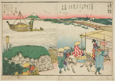 Seiten aus dem illustrierten Buch "Panoramablicke entlang der Ufer des Sumida-Flusses (Ehon Sumidagawa ryogan ichiran)" von Katsushika Hokusai