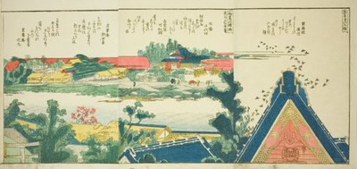 Seiten aus dem illustrierten Buch "Panoramablicke entlang der Ufer des Sumida-Flusses" von Katsushika Hokusai
