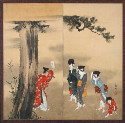 Papier-Zweifachschirm: Ein Shinto-Priester, drei Frauen und ein Kind unter einem Kiefernbaum, Edo-Periode, ca. 1799-1801 von Katsushika Hokusai