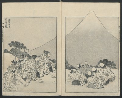 Links rutschen, rechts die Öffnung des Fuji aus Einhundert Ansichten des Berges Fuji, 1834 von Katsushika Hokusai
