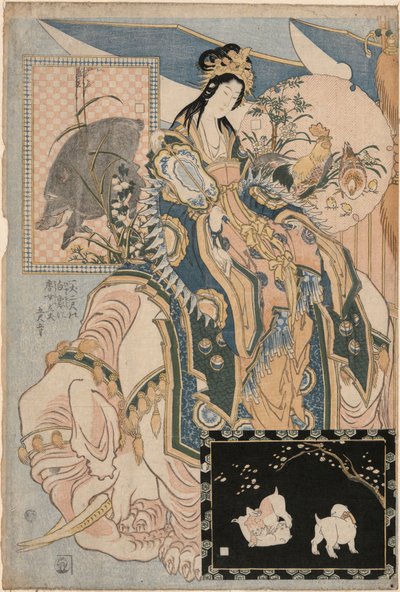 Tang-Dame auf einem weißen Elefanten, aus der Serie Riesige Strohwerke für eine Vergnügungsparkattraktion von Katsushika Hokusai