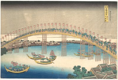Tenman-Brücke in der Provinz Settsu (Sesshū Tenmanbashi), aus der Serie Bemerkenswerte Ansichten von Brücken in verschiedenen Provinzen (Shokoku meikyō kiran) von Katsushika Hokusai