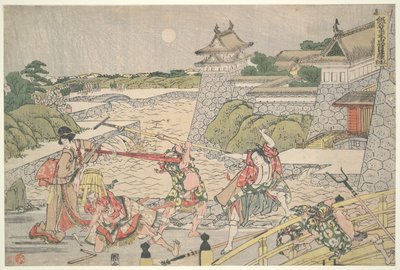 Die loyale Liga der siebenundvierzig Rōnin, Akt III: Kampei wird von Bannai und seinen Männern angegriffen von Katsushika Hokusai