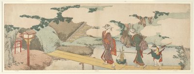Zwei Frauen und ein Junge auf dem Gehweg von Katsushika Hokusai
