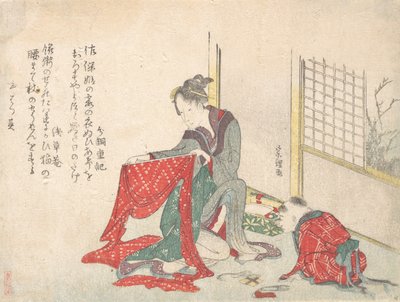 Frau faltet Stoff, spätes 18. - frühes 19. Jahrhundert von Katsushika Hokusai