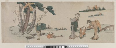 Frauen lenken ein Kind ab, dessen Drachen in einem Baum festhängt, Edo-Periode, ca. 1800 von Katsushika Hokusai