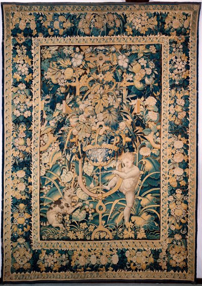 Wandteppich. Enghien. Junge, der einem wilden Tier gegenübersteht (Bambin taquinant un jeune fauve, De knaap met het jonge wilde dier). 363 cm x 259 cm. Ein Junge oder Putto, der ein wildes Tier, vielleicht einen Leoparden, mit einer Birne an einem Stock n von Alec Hunter