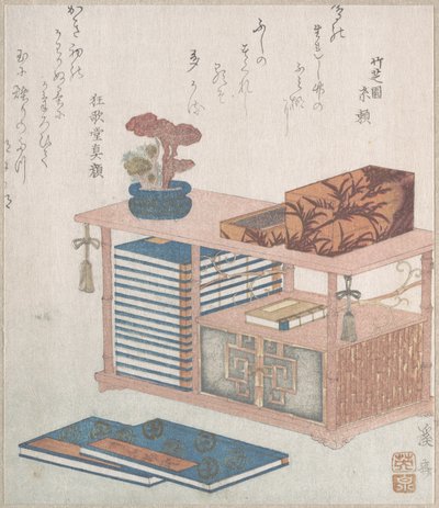 Bücher und ein Bücherregal von Keisai Eisen