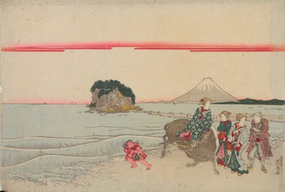 Frau auf einem Büffel, Kind und drei Passanten am Meer vor der Insel Enoshima von Keisai Eisen