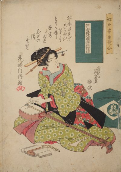 Frau, die eine Saite auf einen Samisen aufzieht, aus der Serie: Musikwettbewerb in Edo beim Samisenspiel von Keisai Eisen