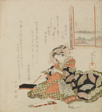 Kurtisane, die auf luxuriösem Papier schreibt / Tanzaku-o motsu yujo von Keisai Eisen