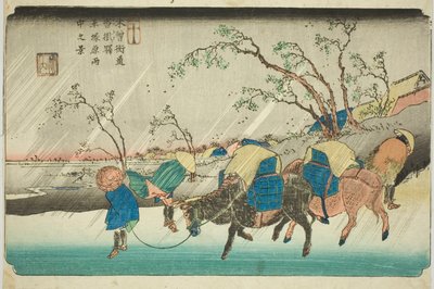 Nr. 20: Regen auf der Hiratsuka-Ebene nahe der Kutsukake-Station (Niju: Kutsukake no eki, Hiratsukahara uchu no kei), aus der Serie "[Neunundsechzig Stationen der] Kisokaido (Kisokaido [rokujukyu tsugi no uchi])" von Keisai Eisen