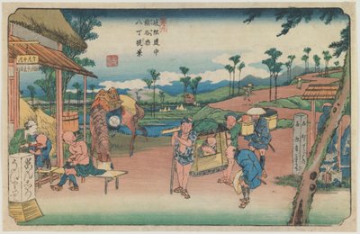 Nummer 9: Blick auf das Hatchō-Ufer bei Kumagaya-Station, aus der Serie „Entlang der Kiso-Straße“ von Keisai Eisen